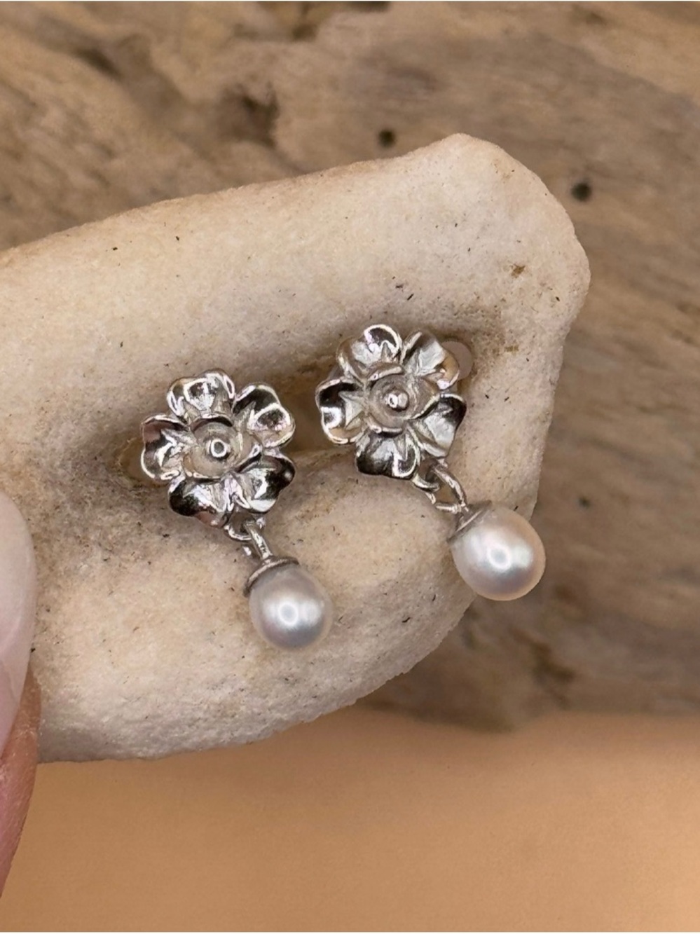 Handmade Sterling Silver Floral Authentic Pearl Drop Earrings - White  COPY